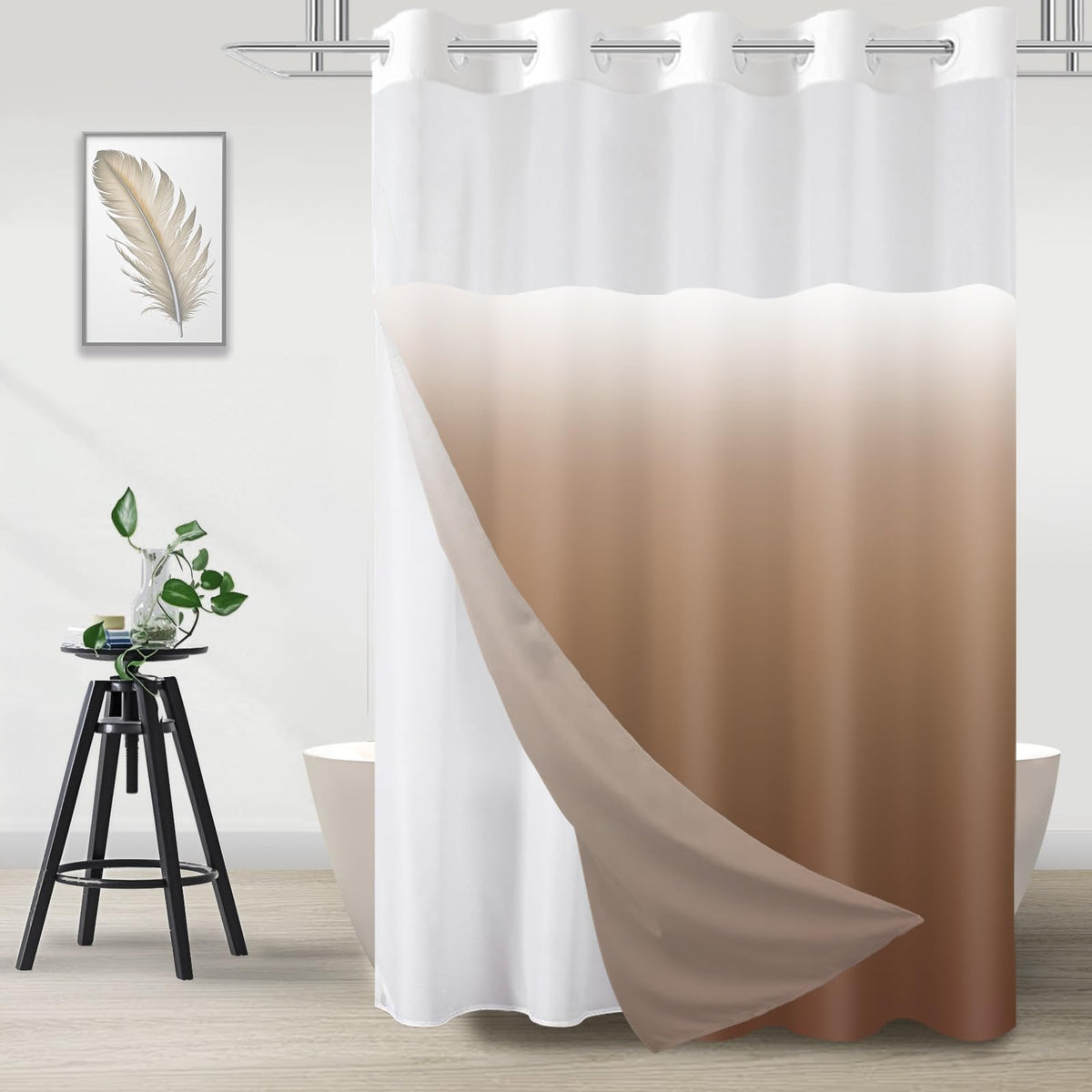 No Hook Shower Curtain and Liner Set, Ombre Black and White, 71x74