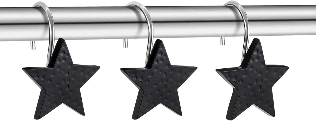CHICTIE Star Shower Curtain Hooks,Black Decorative Shower Curtain Hooks Rings,Set of 12 Rust Proof Shower Hooks for Bathroom (Black)