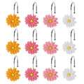 Flower Shower Curtain Hooks, 12 Pack Rustproof Stainless Steel Decorative, Bohemian Floral Bathroom Accessories for Curtain Rod and Shower Rod（White）