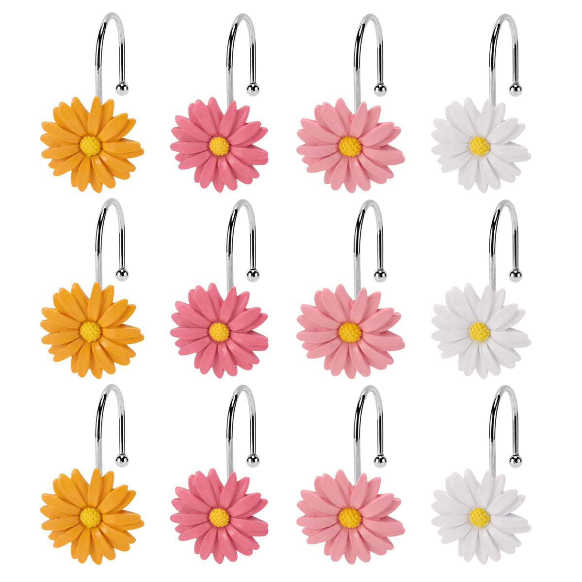 Flower Shower Curtain Hooks, 12 Pack Rustproof Stainless Steel Decorative, Bohemian Floral Bathroom Accessories for Curtain Rod and Shower Rod（White）