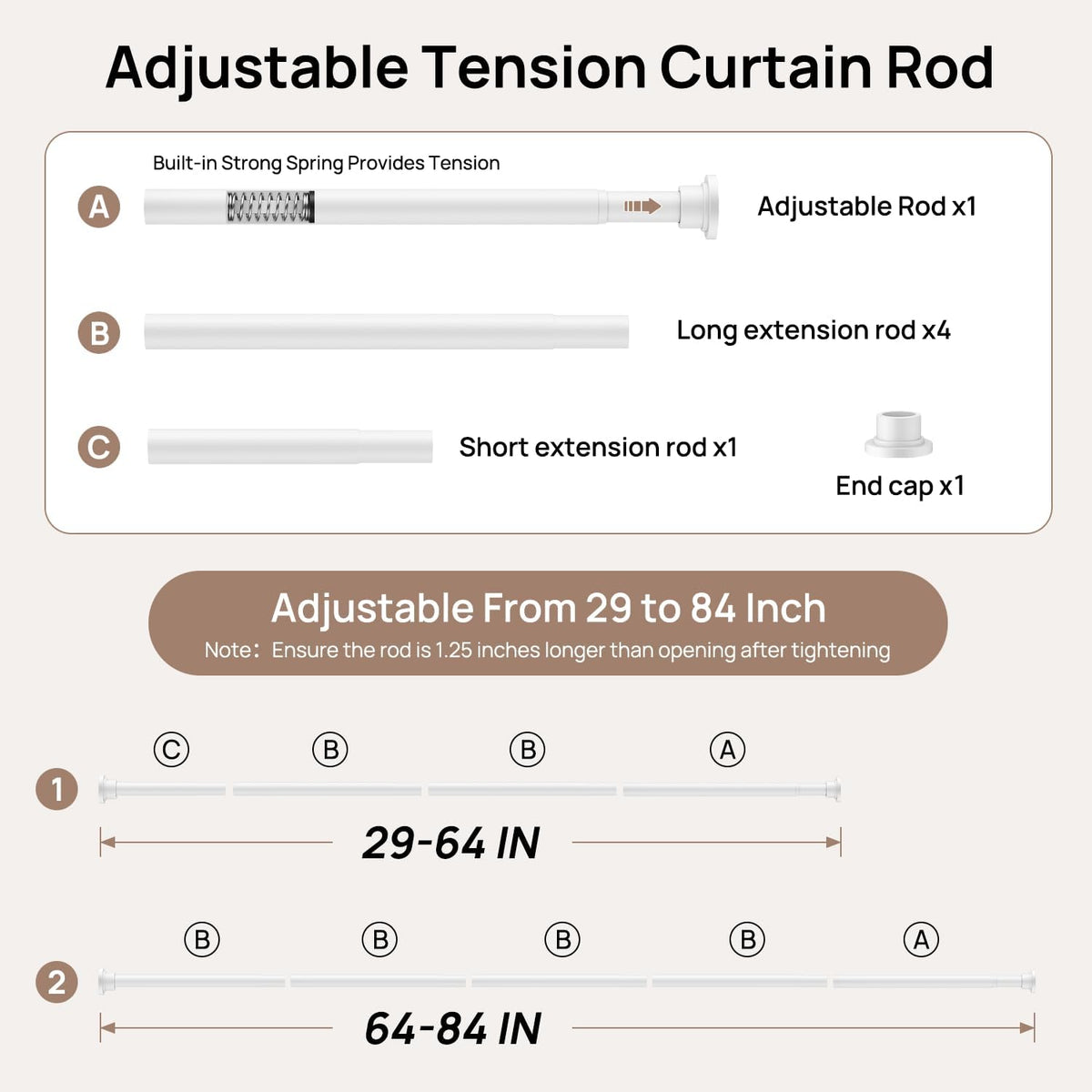ALLZONE Tension Shower Curtain Rod, 29-84 In, Spring Loaded Curtain Rod
