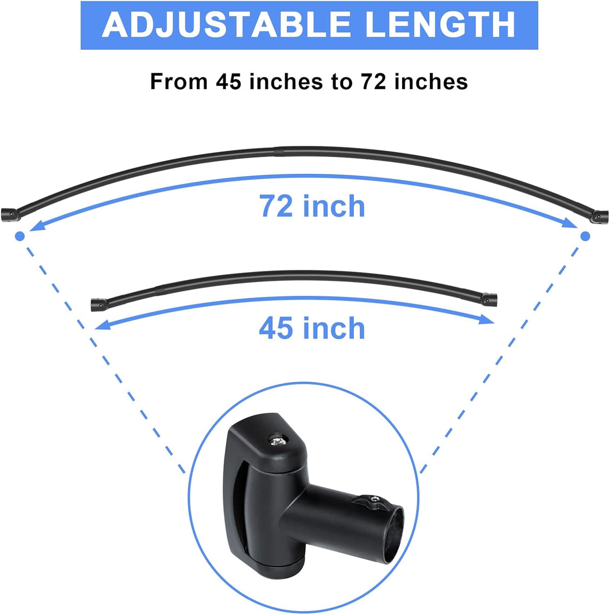Tlooe Curved Shower Curtain Rod, 45-72 inches Adjustable Arched Shower Curtain Curved Rods, Rustproof Round Never Fall Design for Bathroom, Black, Need to Drill