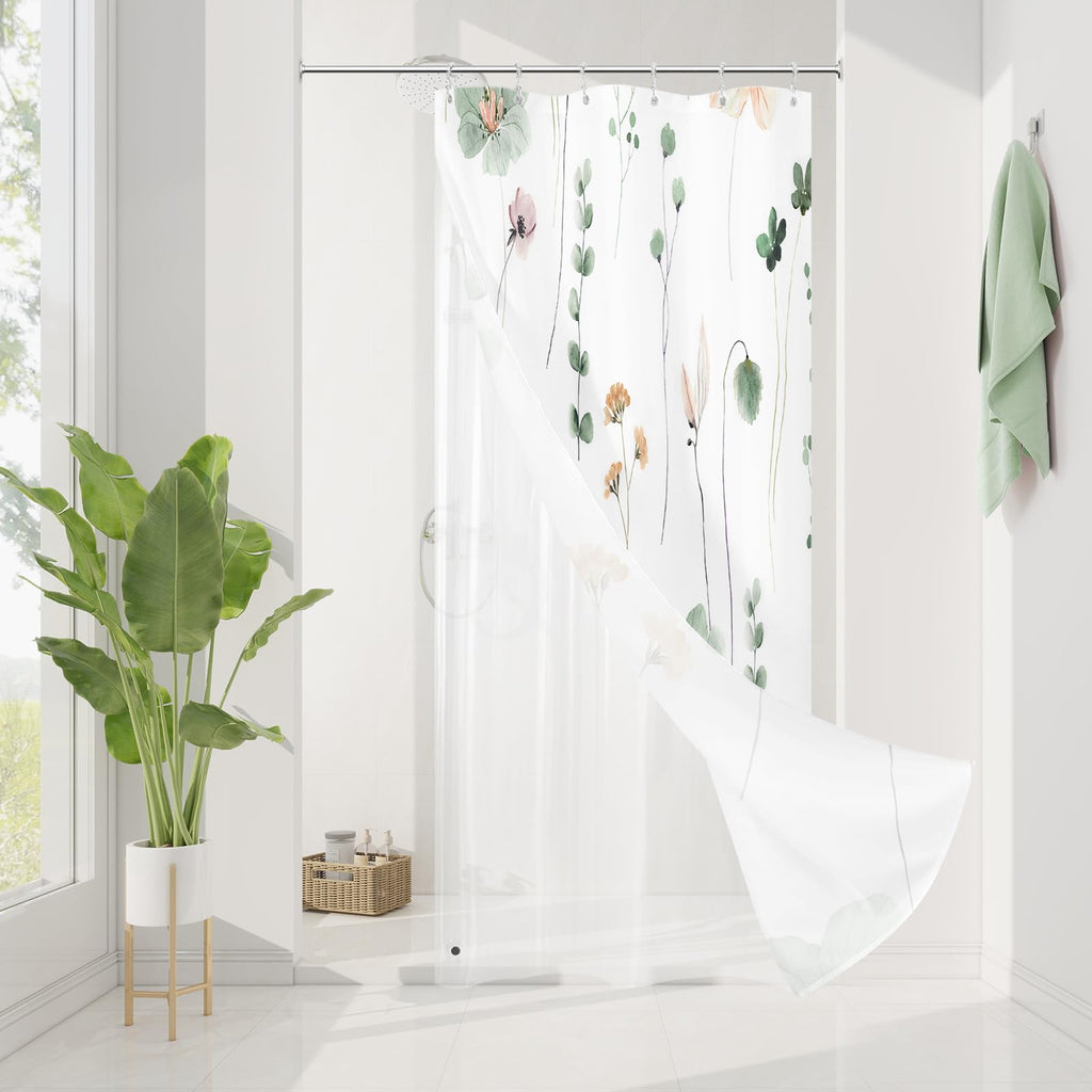 Gibelle 3 in 1 Sage Green Watercolor Floral Shower Curtain Liner Set, 72x72