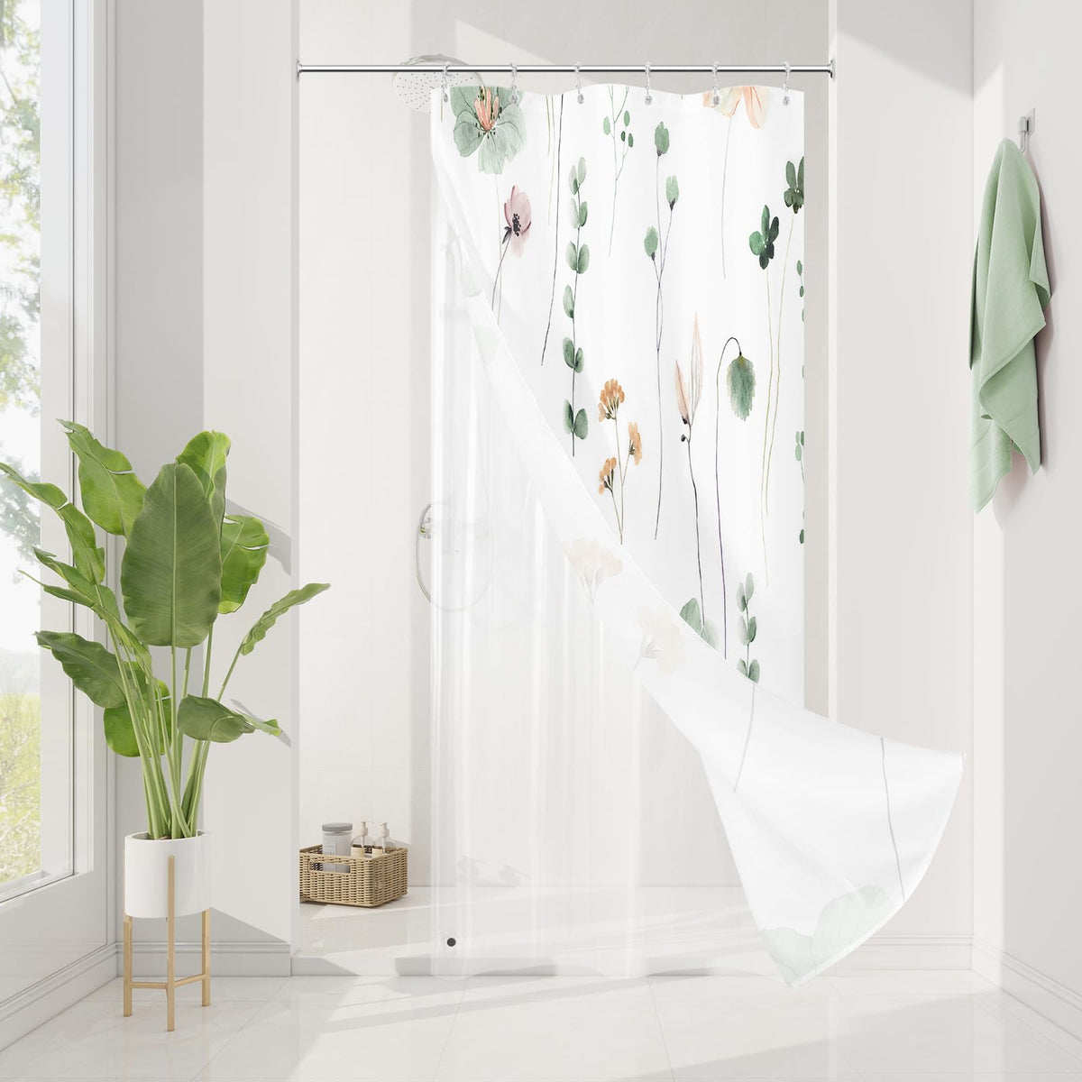 Gibelle 3 in 1 Sage Green Watercolor Floral Shower Curtain Liner Set, 72x72