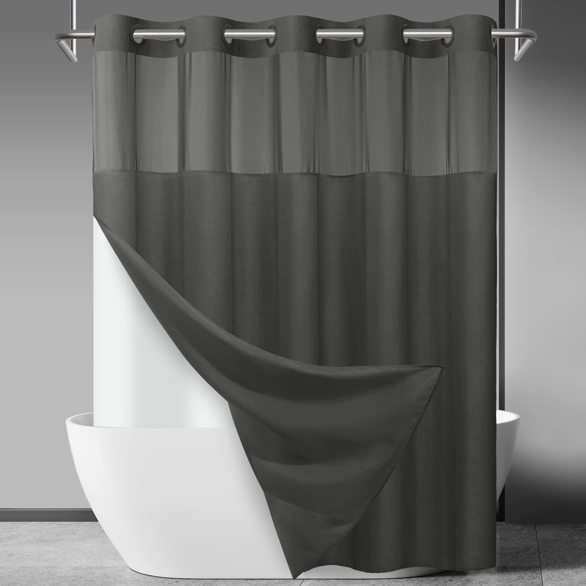 SORTTO Ringless Slub Shower Curtain with Snap in Liner, 71x74, Black