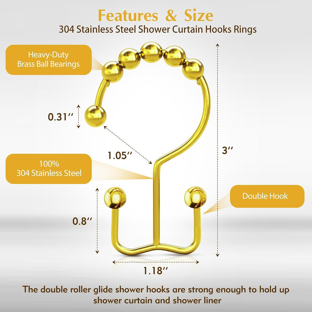 12 Pcs Gold Shower Curtain Hooks, 304 Stainless Steel Shower Curtain Hooks