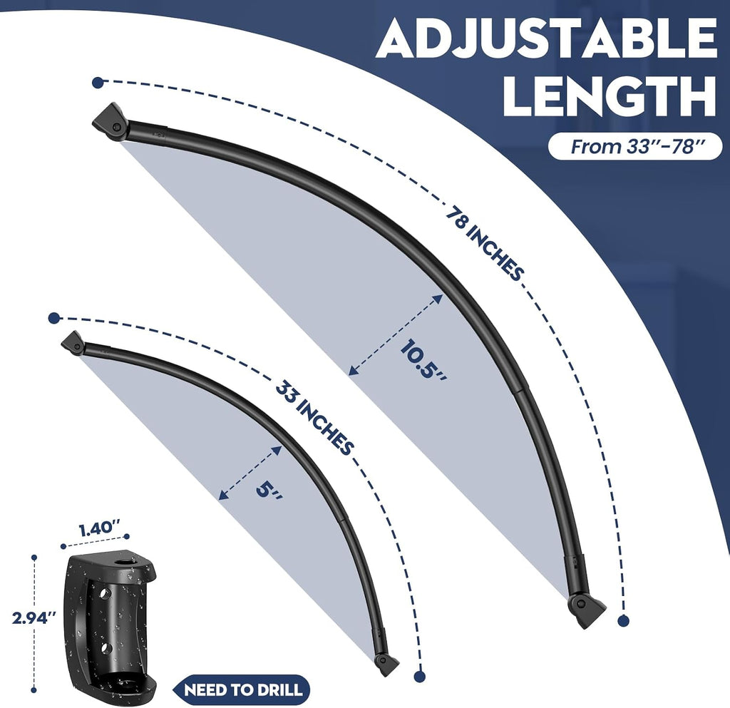 Black Curved Shower Curtain Rod 33-78 Inches Adjustable Splicing Design Need To Drill Shower Rods Curved Round Bowed Rust proof, Premium Stainless Steel Shower Curtain Rod for Bathroom, Bathtub, Stall