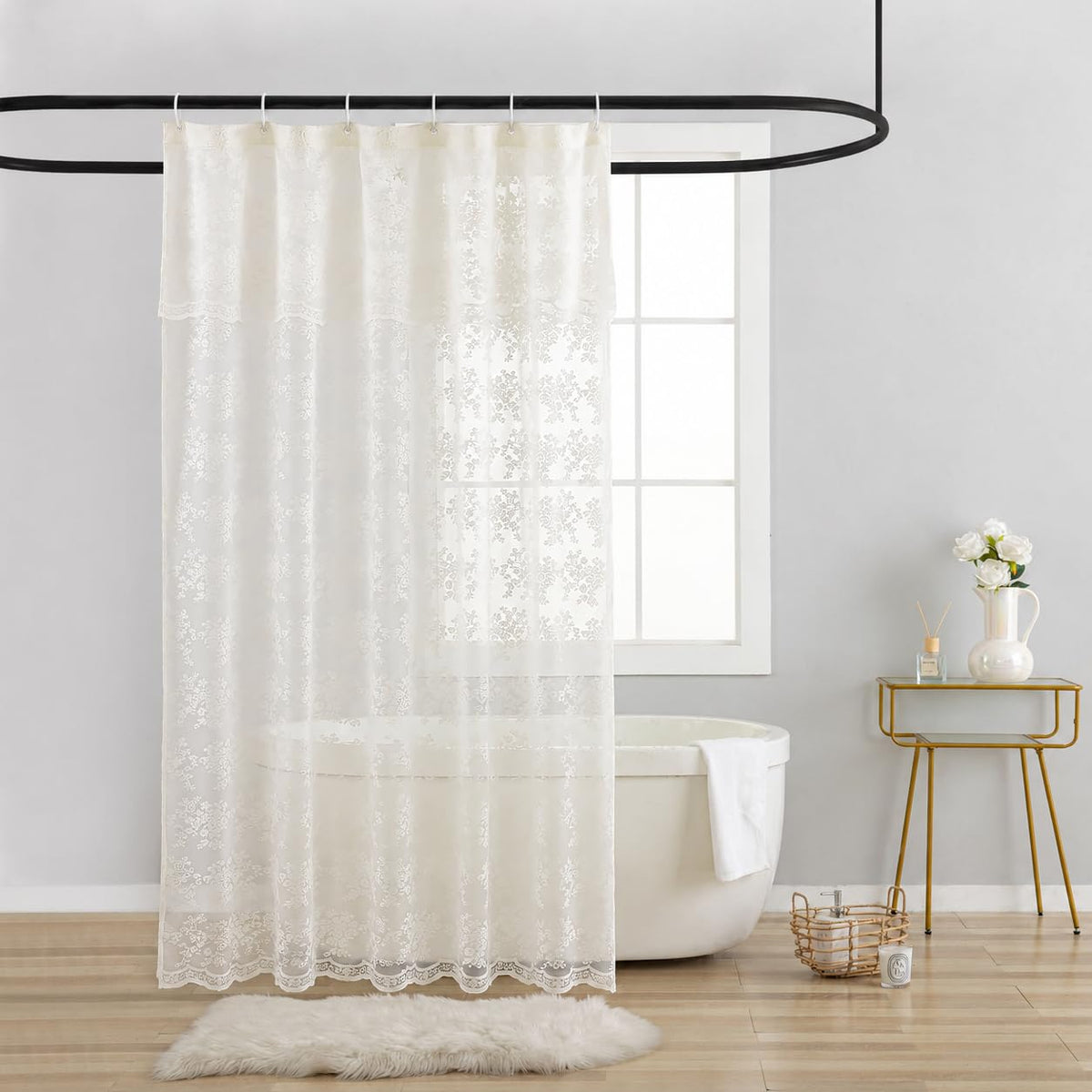 TUDECO Lace Brown Shower Curtain with Attached Valance, 72 x 72 Inch