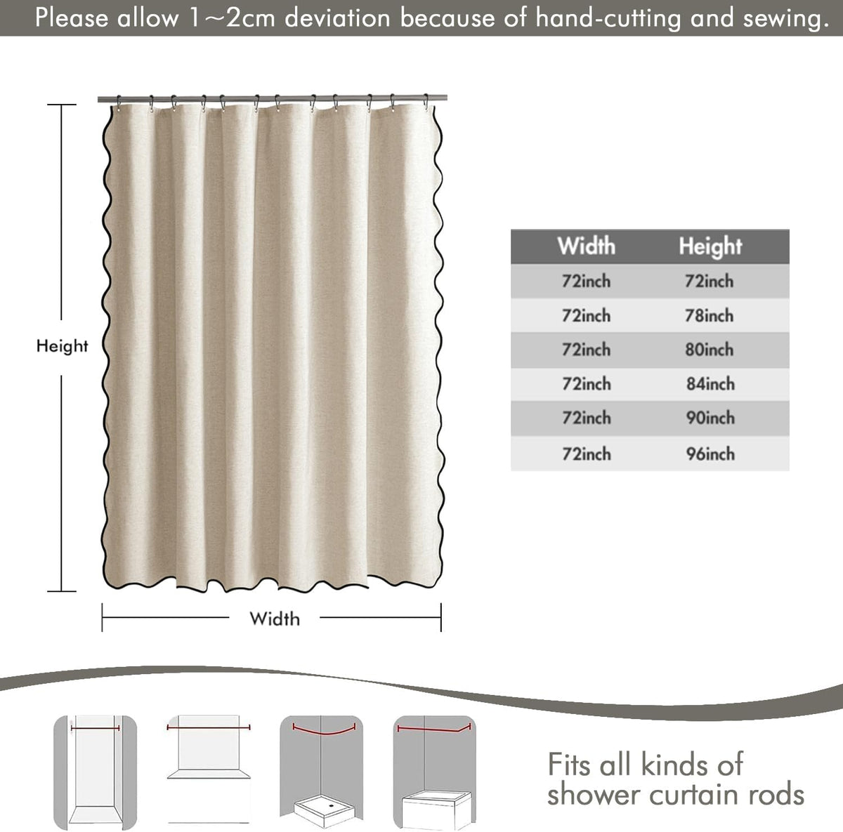 MIULEE Beige Scalloped Shower Curtain Linen Textured with 12 Metal Hooks Cute Heavy Duty Washable Waterproof Neutral Thick Cloth Shower Curtains with Black Border for Bathroom Bathtub,W72*L72 Cream