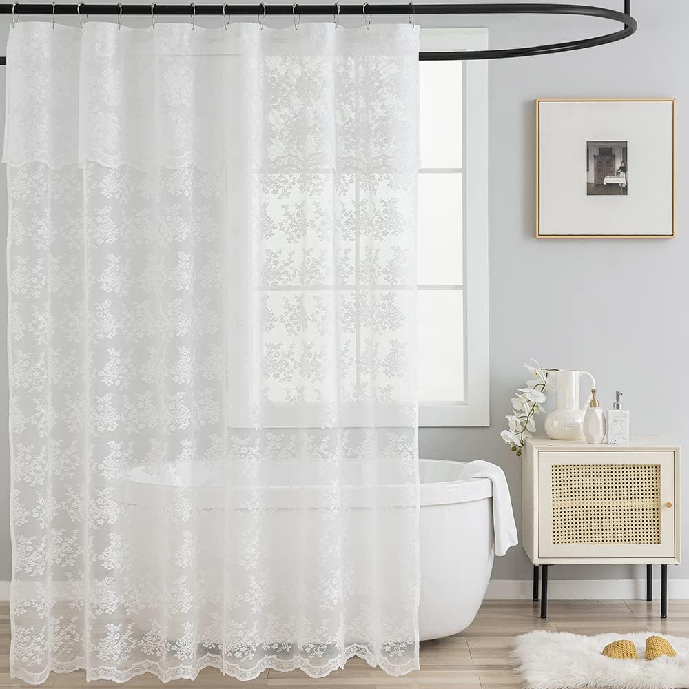 TUDECO Lace Brown Shower Curtain with Attached Valance, 72 x 72 Inch