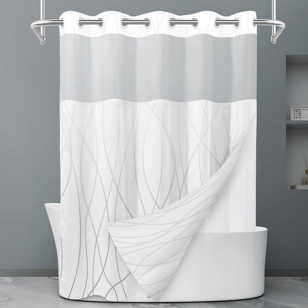 LXBNI Ringless Shower Curtain with Snap-in Liner, Gray White, 71 x 74 Inch