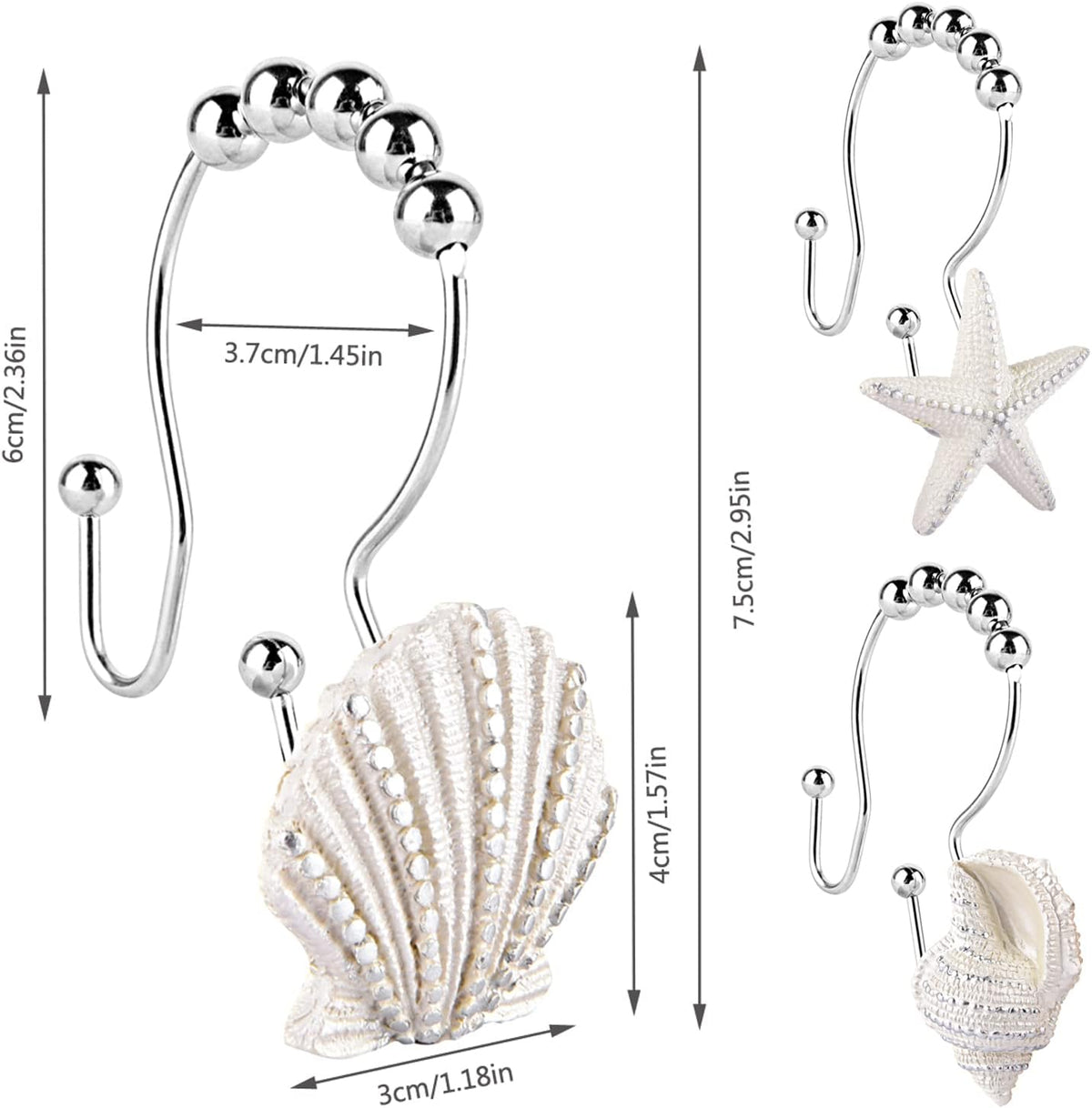 Decorative Shower Curtain Hooks,12 Pcs Seashell Double Shower Curtain Hooks