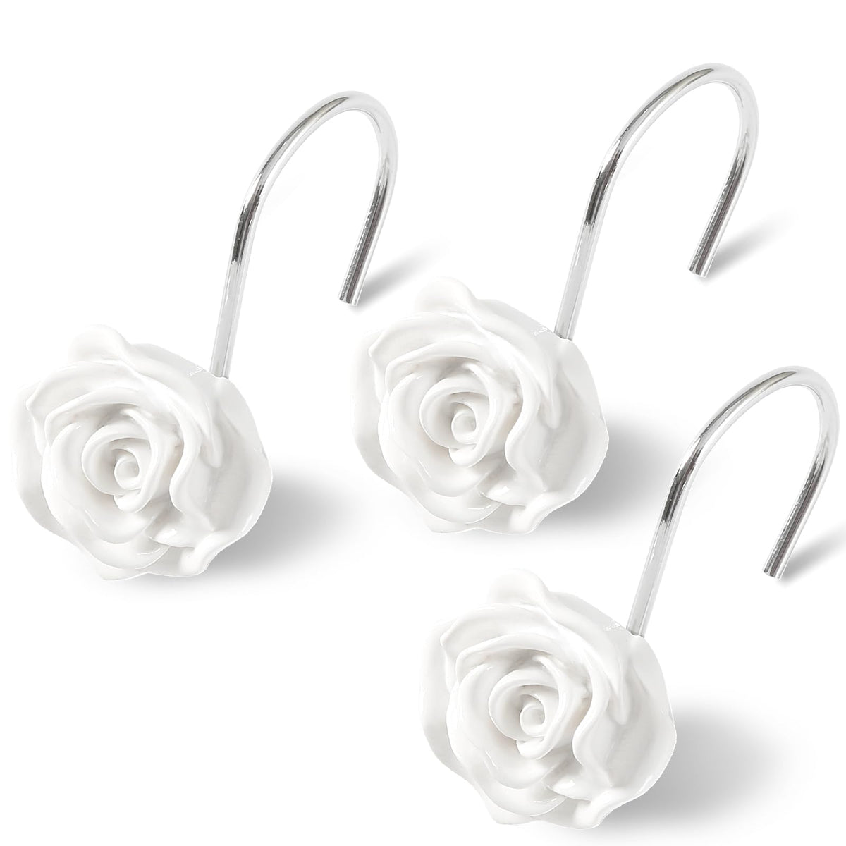 Cute Rose Floral Shower Curtain Hooks Rings for Bathroom,Pink 12PCS