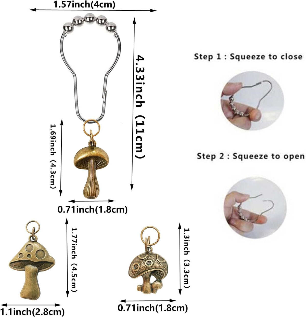 Mushroom Shower Curtain Hooks, 12Pcs Rustproof Metal Cute Retro Mushroom Shower Curtain Hooks Rings for Boho Fairy Forest Country Cottagecore Style Home Bathroom Decor (Bronze)