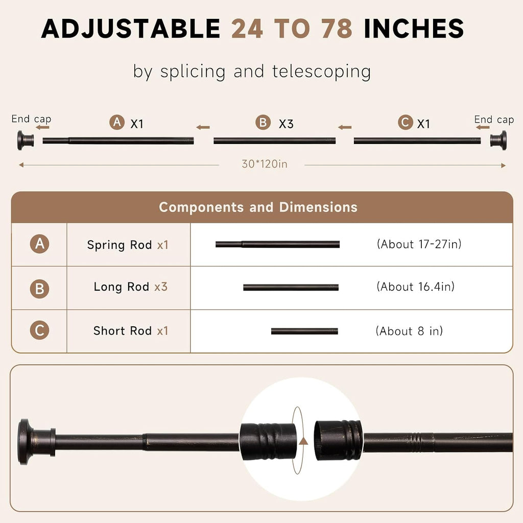BRIOFOX Bronze Tension Curtain Rod 24 to 78 Inch(2-6.5ft) - Spring Tension Shower Curtain Rod, No Drilling Oil Rubbed Bronze Tension Rod for Curtains Windows