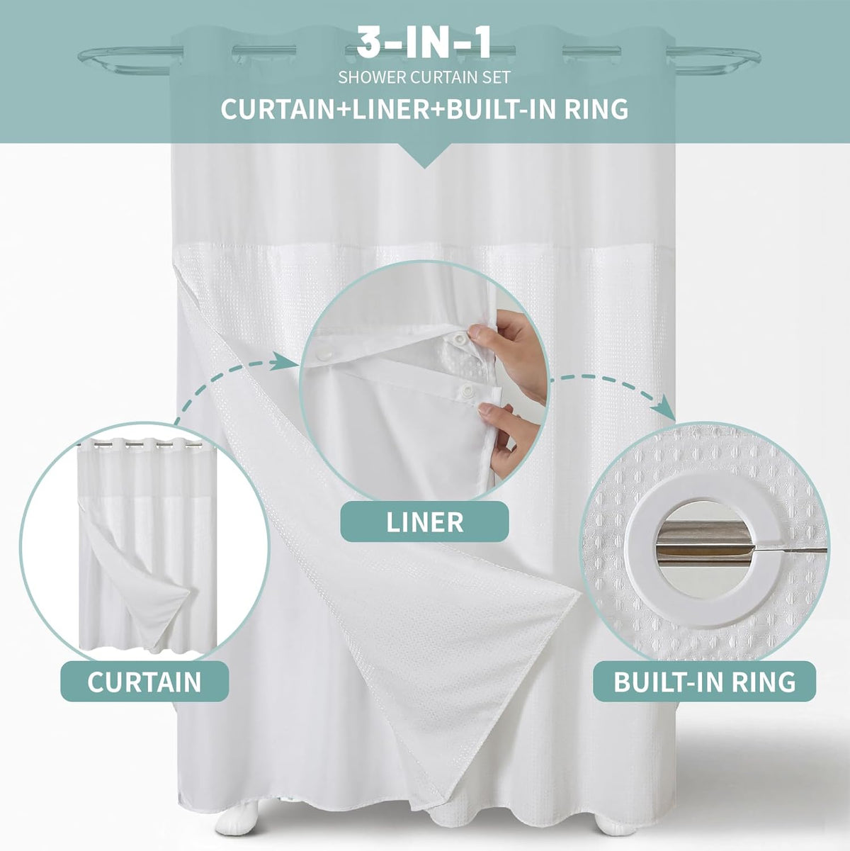 eachope No Hook Waffle Shower Curtain with Snap-in Liner, 71x74 Inch, White