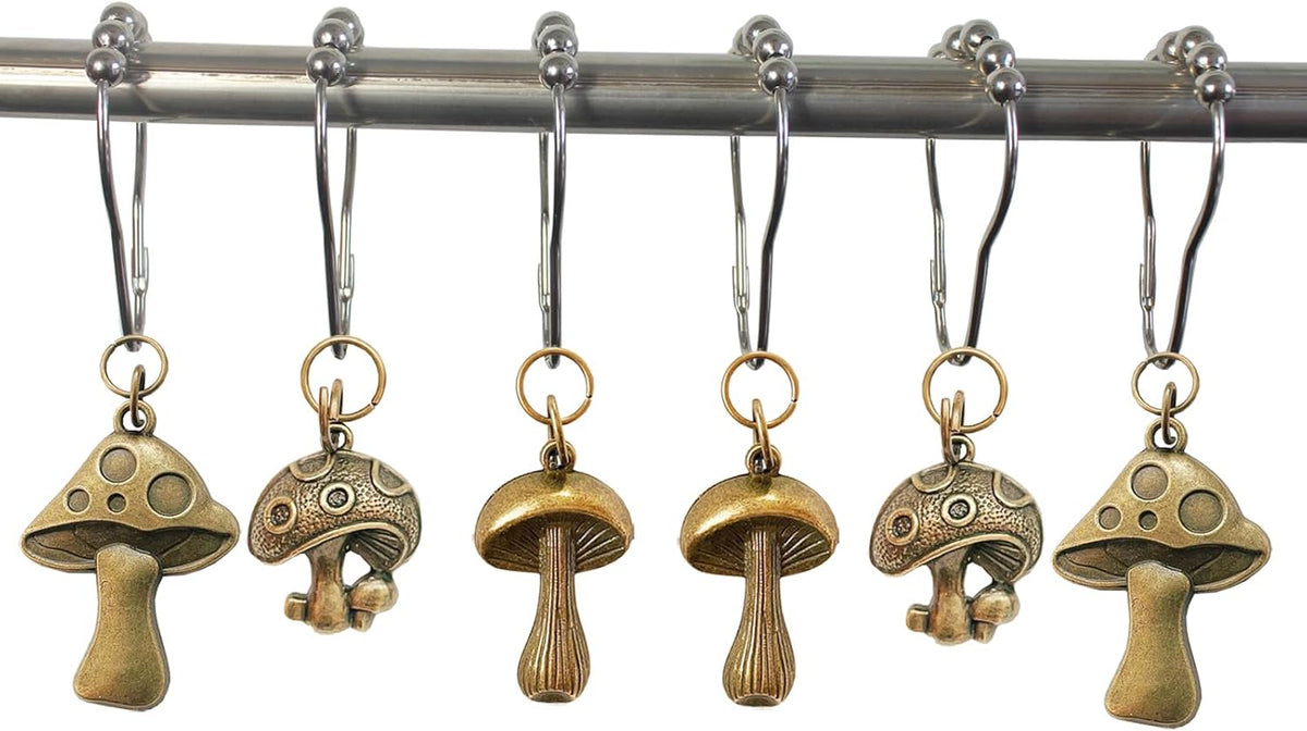Mushroom Shower Curtain Hooks, 12Pcs Rustproof Metal Cute Retro Mushroom Shower Curtain Hooks Rings for Boho Fairy Forest Country Cottagecore Style Home Bathroom Decor (Bronze)