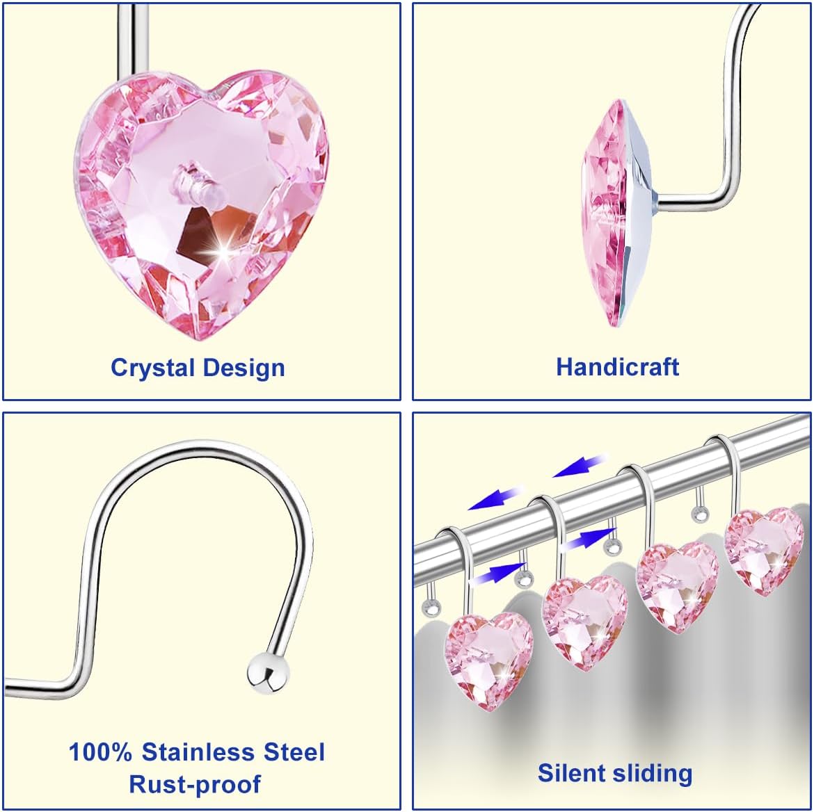 Shower Curtain Hooks Rings for Bathroom, 12PCS Valentines Day Heart Stainless Steel Rust Resistant Decorative Rhinestones Shower Curtain Rings Hangers for Shower Curtains, Clothing, etc.