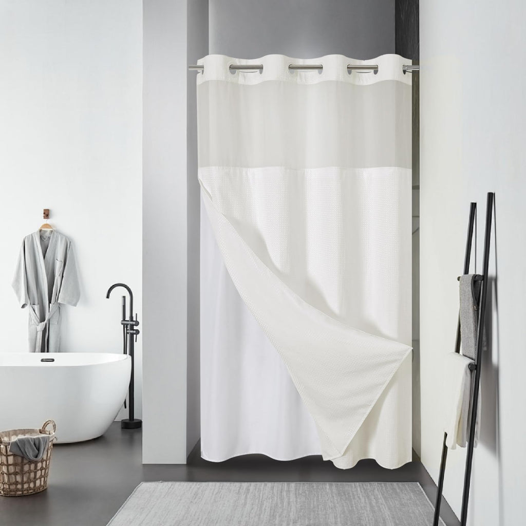 eachope No Hook Waffle Shower Curtain with Snap-in Liner, 71x74 Inch, White