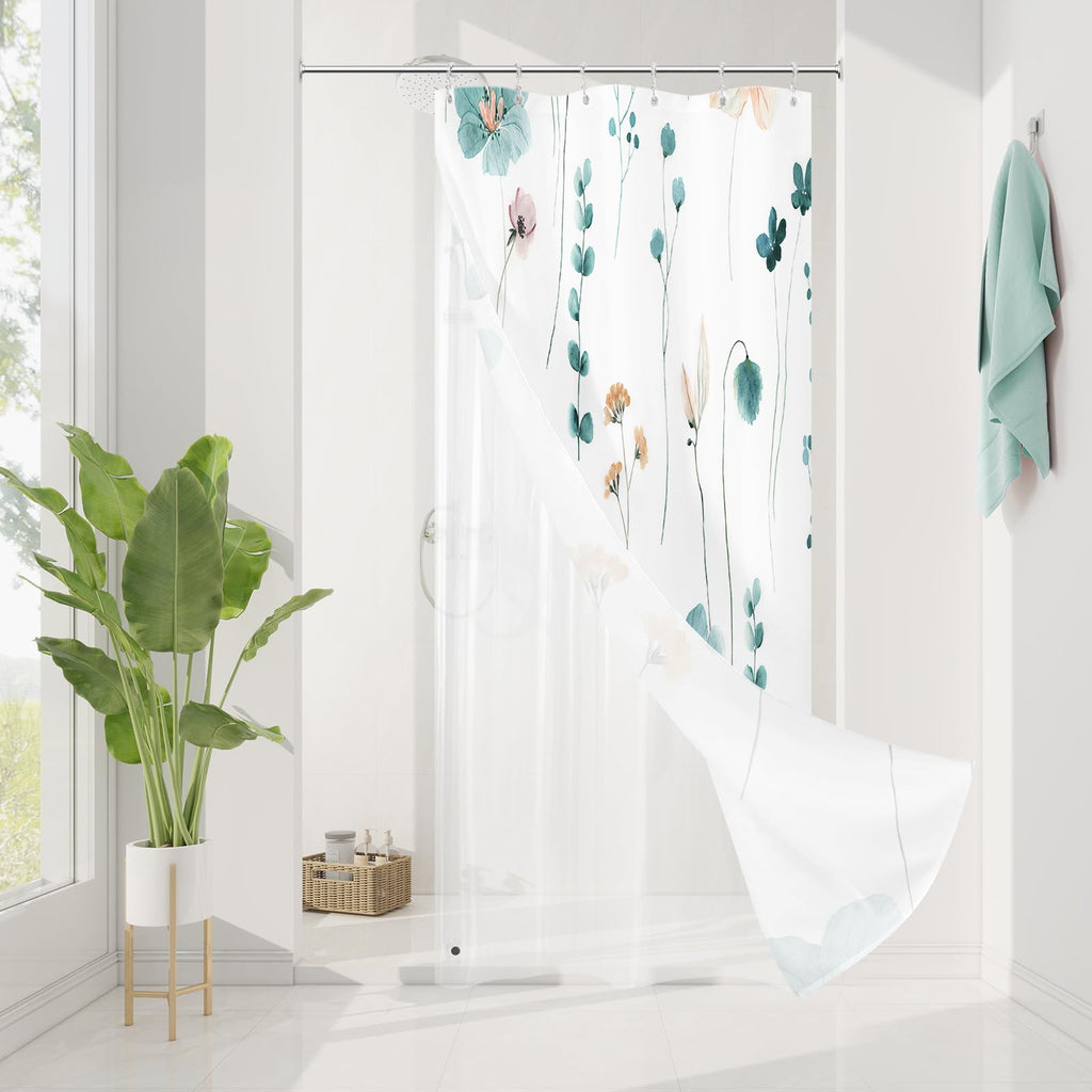 Gibelle 3 in 1 Sage Green Watercolor Floral Shower Curtain Liner Set, 72x72