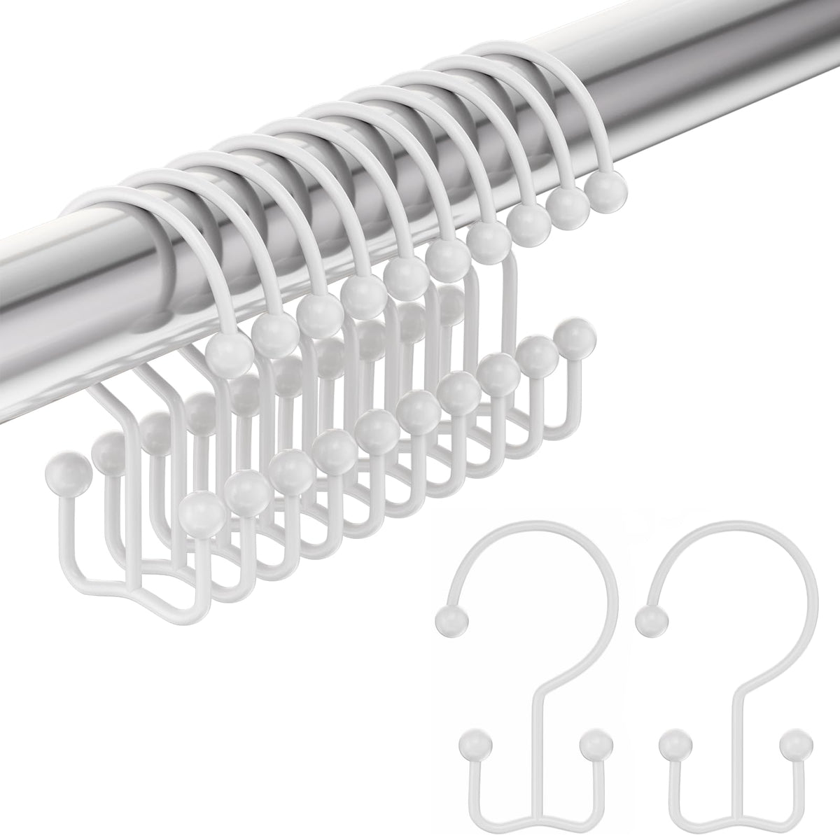 Amazer Shower Curtain Hooks Rings, Rust-Resistant Stainless Steel Double Shower Curtain Hooks, Shower Hooks for Shower Curtain and Liner Bathroom, Set of 12, Chrome