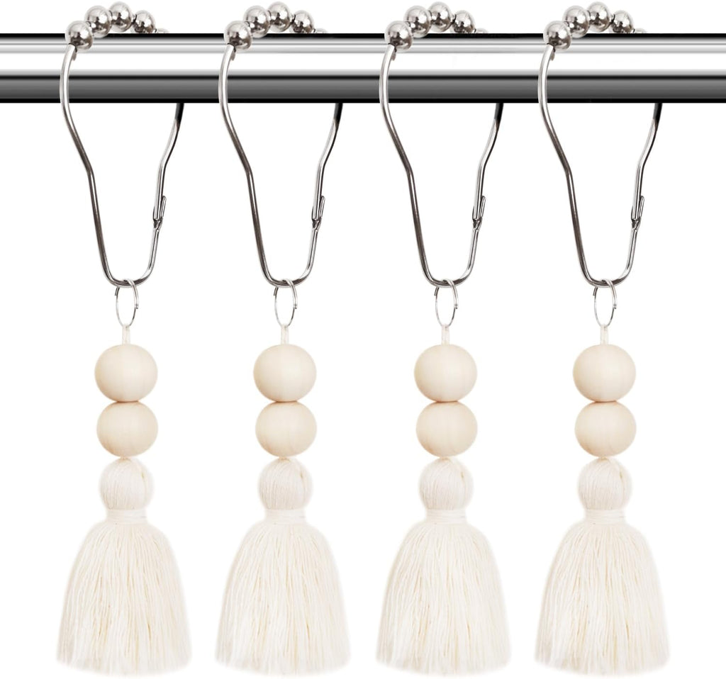 Boho Shower Curtain Hooks Rings Rustproof, CHICTIE Nautical Decorative Shower Curtain Rings with Handmade Wood Beads Tassel, Farmhouse Home Bathroom Bedroom Baby Room Decor Set of 12 (Natural Jute)