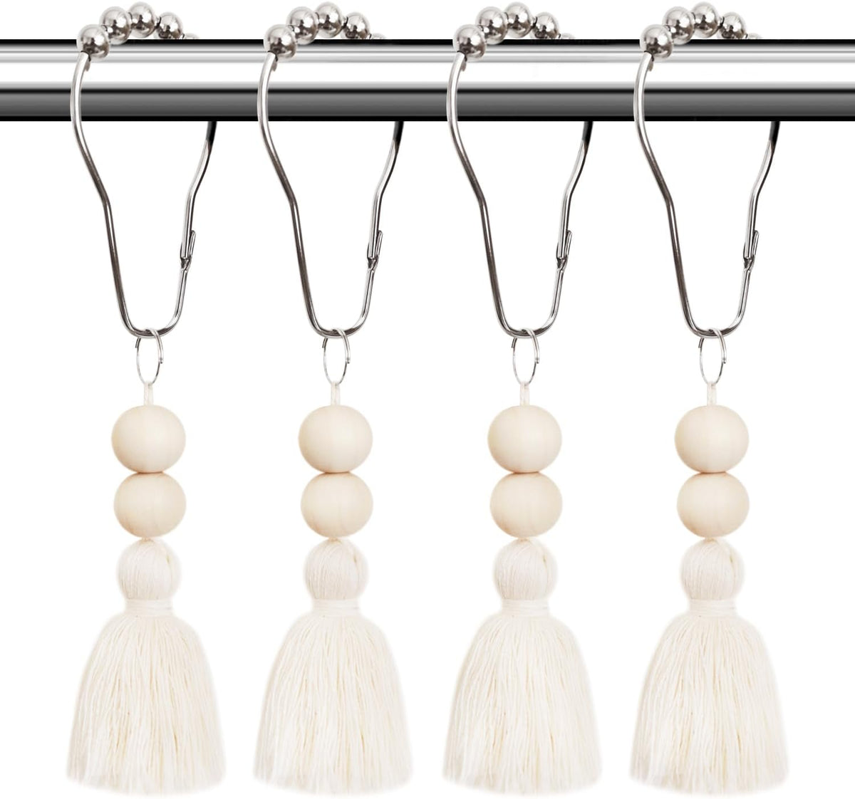 Boho Shower Curtain Hooks Rings Rustproof, CHICTIE Nautical Decorative Shower Curtain Rings with Handmade Wood Beads Tassel, Farmhouse Home Bathroom Bedroom Baby Room Decor Set of 12 (Natural Jute)