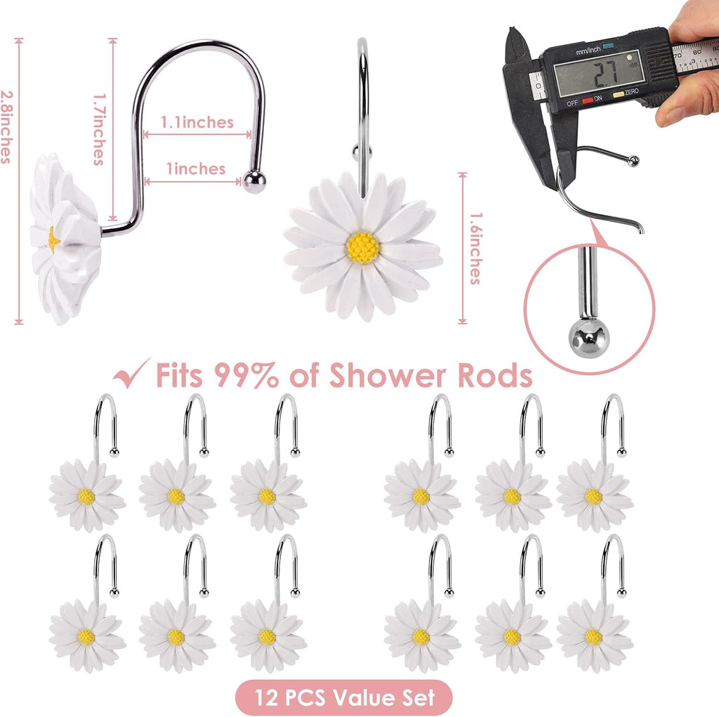 Flower Shower Curtain Hooks, 12 Pack Rustproof Stainless Steel Decorative, Bohemian Floral Bathroom Accessories for Curtain Rod and Shower Rod（White）