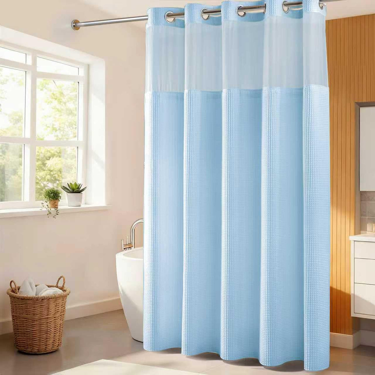 River Dream Cotton Blend Fabric Shower Curtain Set with Liner, White, 54x80