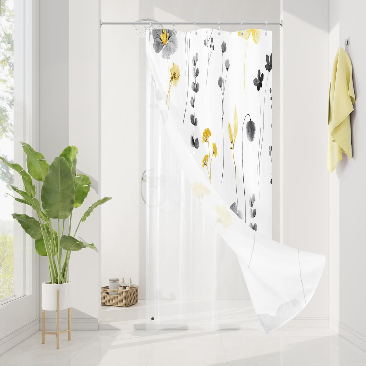 Gibelle 3 in 1 Sage Green Watercolor Floral Shower Curtain Liner Set, 72x72