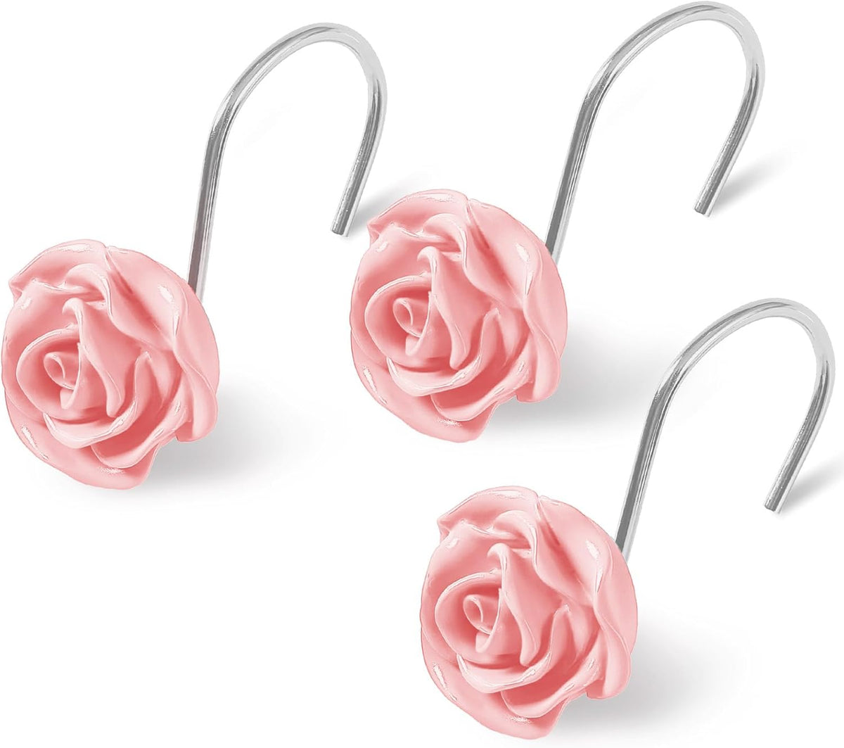 Cute Rose Floral Shower Curtain Hooks Rings for Bathroom,Pink 12PCS