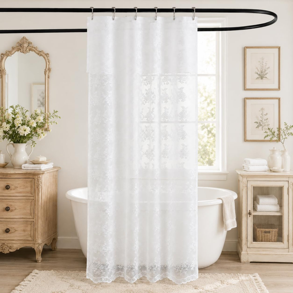 TUDECO Lace Brown Shower Curtain with Attached Valance, 72 x 72 Inch