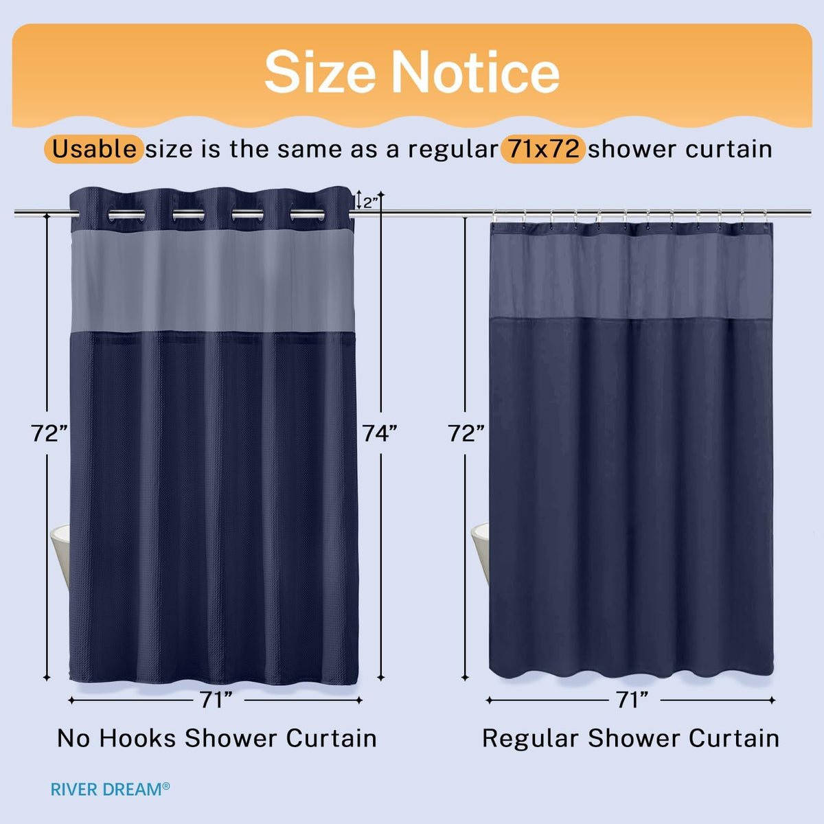 River Dream Waffle No Hook Shower Curtain with Liner,Navy Blue,71x74