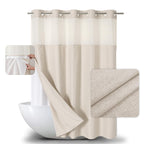 Eachope No Hooks Polyester Textured Shower Curtain with Snap-in Fabric Liner Set, Hotel Luxury Decor Shower Curtains for Bathroom with See Through Top Window, Waterproof & Washable, 71Wx74H, Cream