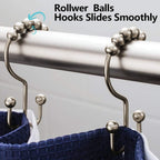 DAWNER Shower Curtain Hooks, Rust Proof Metal Easy Glide Double Rings, Stainless Steel Hangers for Bathroom Curtains, Set of 12, Brushed Nickel