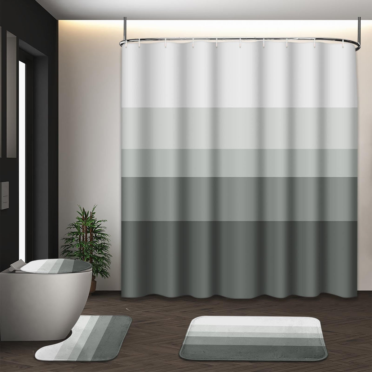 Bathroom Sets with Shower Curtain and Rugs, Set of 4, Checkered