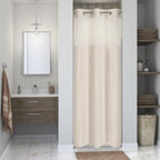Eachope No Hooks Polyester Textured Shower Curtain with Snap-in Fabric Liner Set, Hotel Luxury Decor Shower Curtains for Bathroom with See Through Top Window, Waterproof & Washable, 71Wx74H, Cream