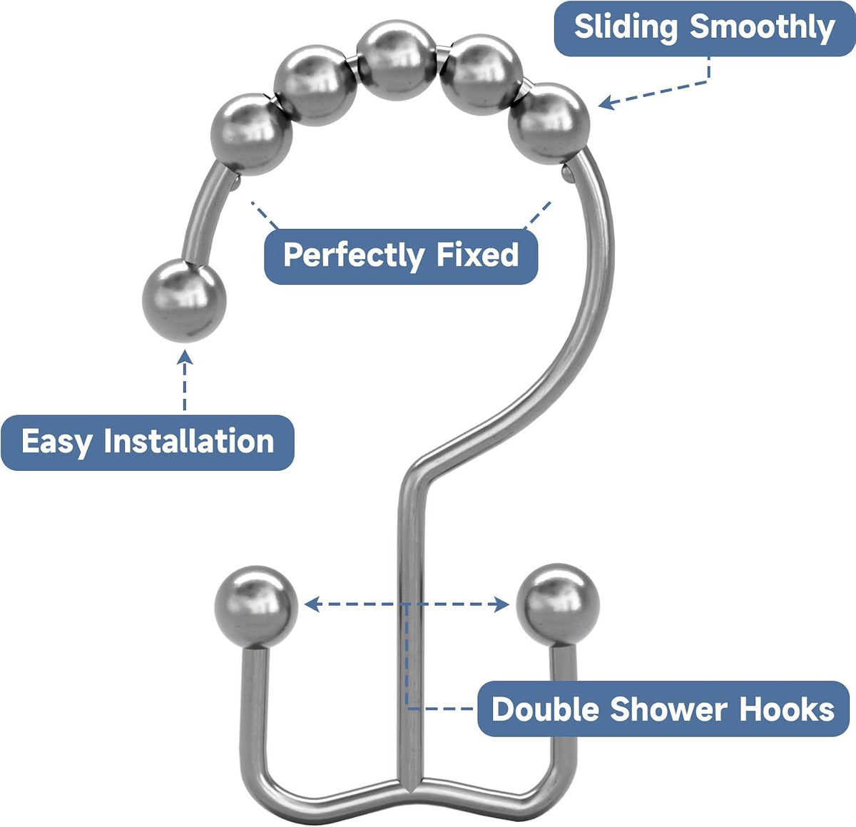 Titanker Double Shower Curtain Hooks, Rust Proof Shower Curtain Rings, Metal Shower Hooks for Bathroom Shower Rods Curtains, Set of 12 Hooks - Chrome