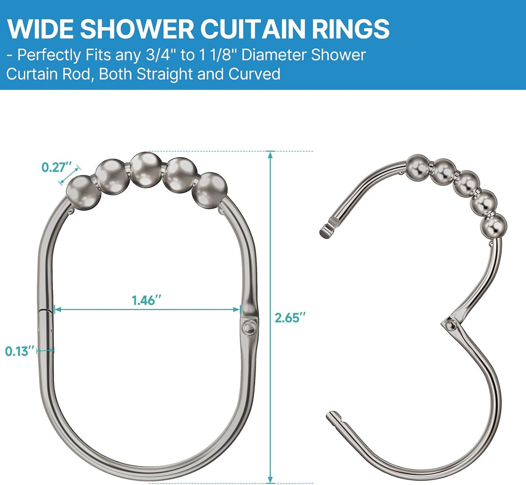 MENGJINGO 12PCS Wide Shower Curtain Hooks Rings, Rust Proof Stainless Steel, Heavy Duty Shower Hooks Rings for Bathroom Shower Rods Curtains Liners, Easy Glide Rollers, Set of 12, Matte Nickel