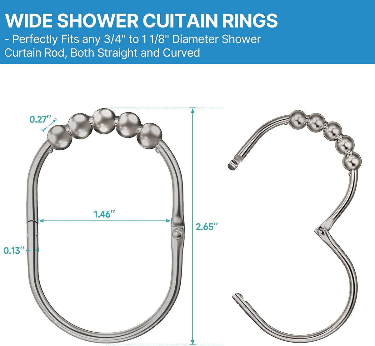 MENGJINGO 12PCS Wide Shower Curtain Hooks Rings, Rust Proof Stainless Steel, Heavy Duty Shower Hooks Rings for Bathroom Shower Rods Curtains Liners, Easy Glide Rollers, Set of 12, Matte Nickel