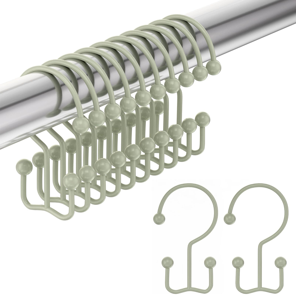 Amazer Shower Curtain Hooks Rings, Rust-Resistant Stainless Steel Double Shower Curtain Hooks, Shower Hooks for Shower Curtain and Liner Bathroom, Set of 12, Chrome