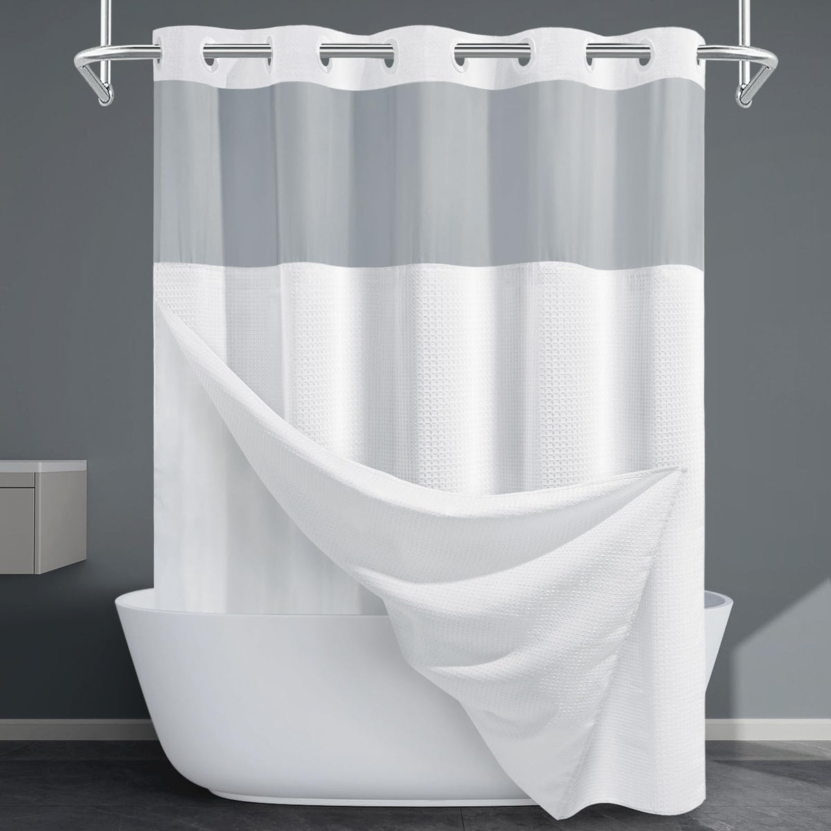 256GSM Heavyweight Ringless Waffle Shower Curtain with Liner, 71x74, White