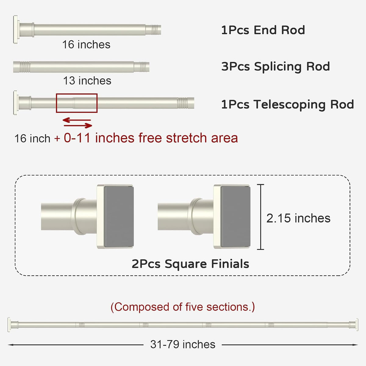 UIOSANRT Brushed Nickel Shower Curtain Rod 31-79 Inches Non-Slip Shower Rod Tension Mounted No Drill Tension Shower Curtain Rods Spring Tension Rod for Windows Bathroom