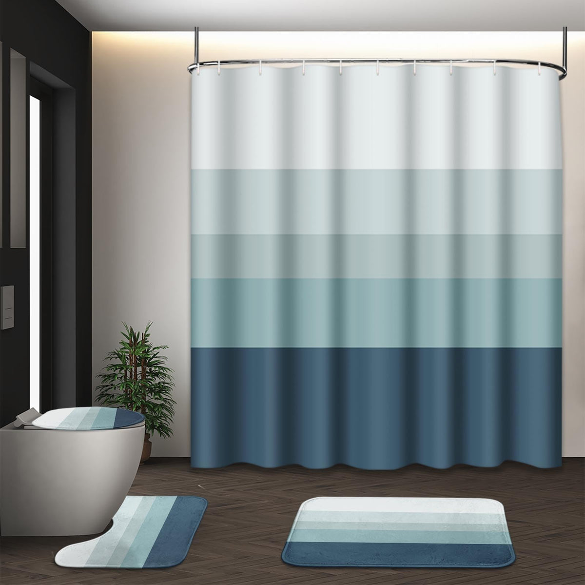 Bathroom Sets with Shower Curtain and Rugs, Set of 4, Checkered