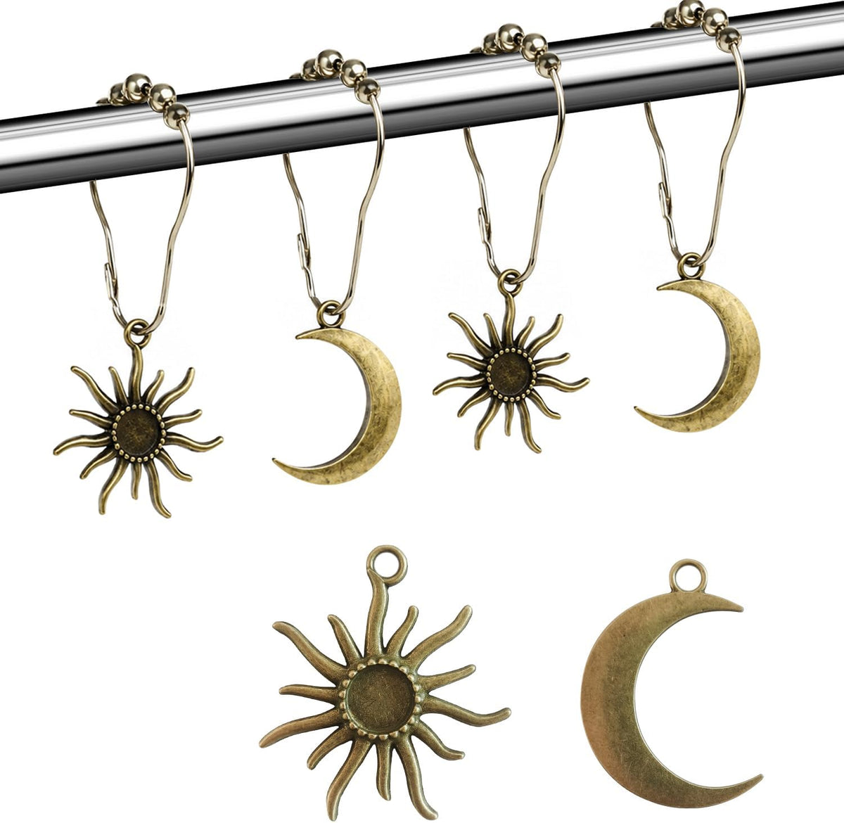 Sun Moon Celestial Shower Curtain Hooks Rings - Mid Century Abstract Boho Shower Curtain Hooks, Minimalist Vintage Cute Shower Hooks,Chic Mystic Fantasy Goth Nature Bathroom Decor