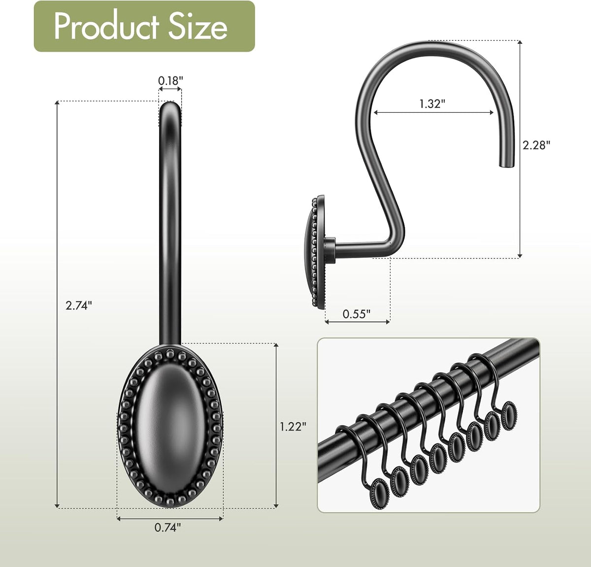 AmazerBath Black Shower Curtain Hooks, 12PCS Rust Proof Shower Curtain Rings, Decorative Modern Shower Curtain Hangers, Elliptical Heavy Duty Design Convenient for Bathroom Kitchen Wardrobe