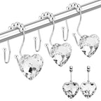 Shower Curtain Hooks Rings for Bathroom, 12PCS Valentines Day Heart Stainless Steel Rust Resistant Decorative Rhinestones Shower Curtain Rings Hangers for Shower Curtains, Clothing, etc.