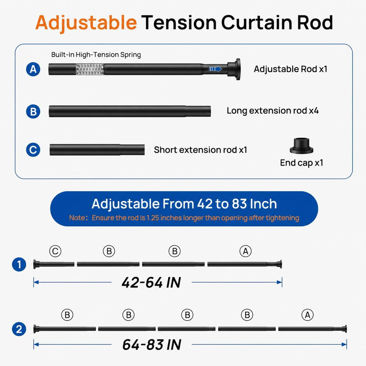 ALLZONE Heavy Duty Tension Shower Curtain Rod, 42–83 in., Stay-in-Place