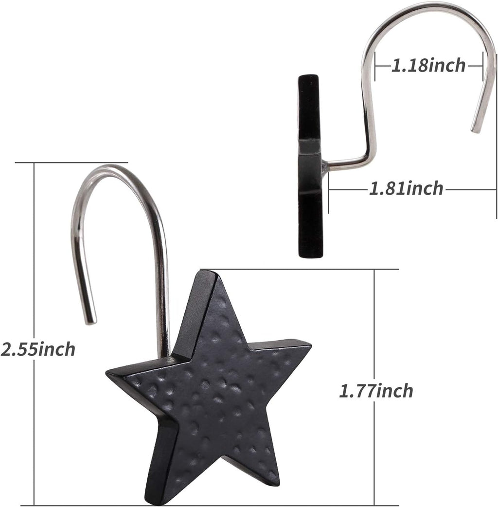 CHICTIE Star Shower Curtain Hooks,Black Decorative Shower Curtain Hooks Rings,Set of 12 Rust Proof Shower Hooks for Bathroom (Black)