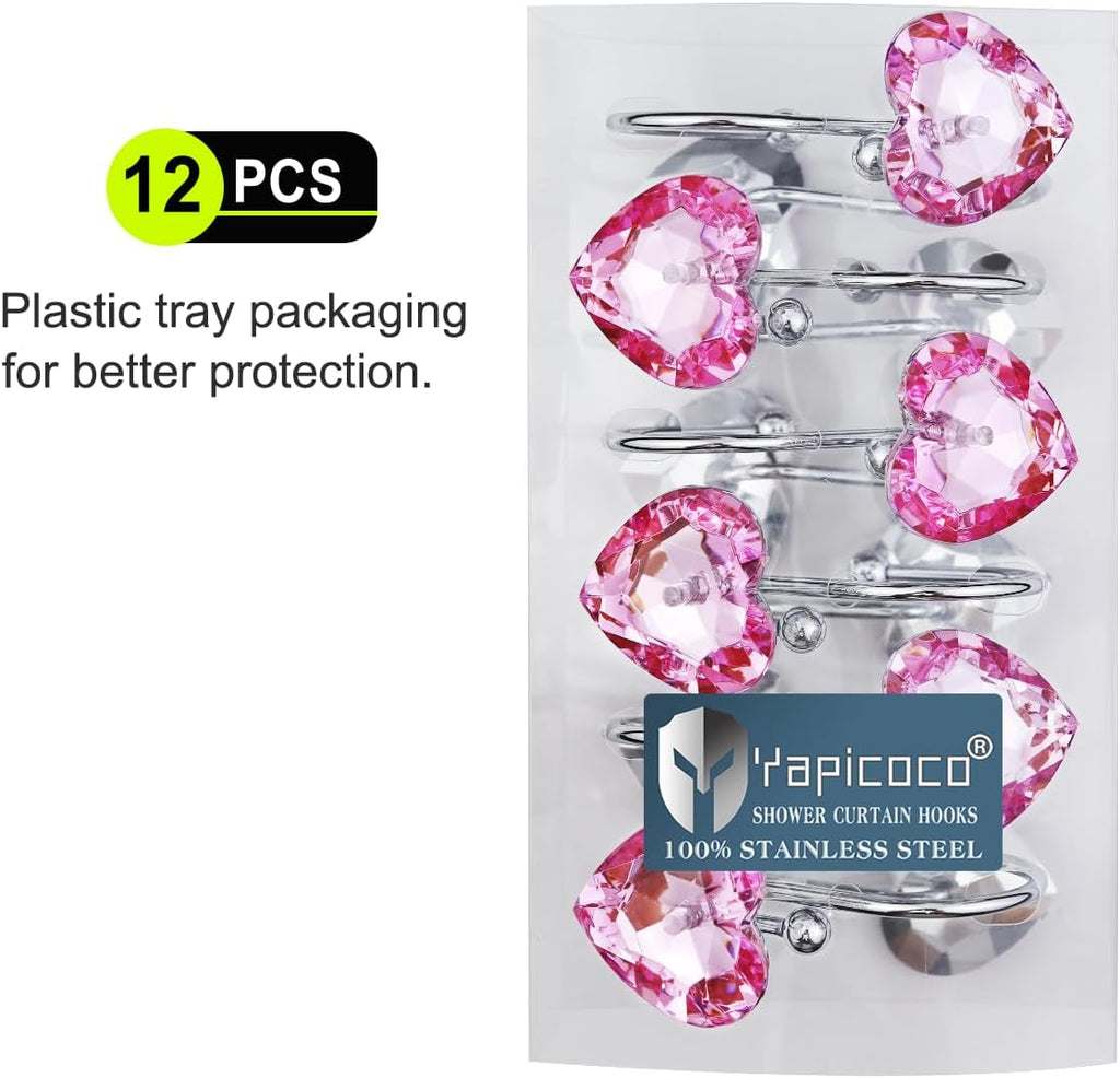 Shower Curtain Hooks Rings for Bathroom, 12PCS Valentines Day Heart Stainless Steel Rust Resistant Decorative Rhinestones Shower Curtain Rings Hangers for Shower Curtains, Clothing, etc.